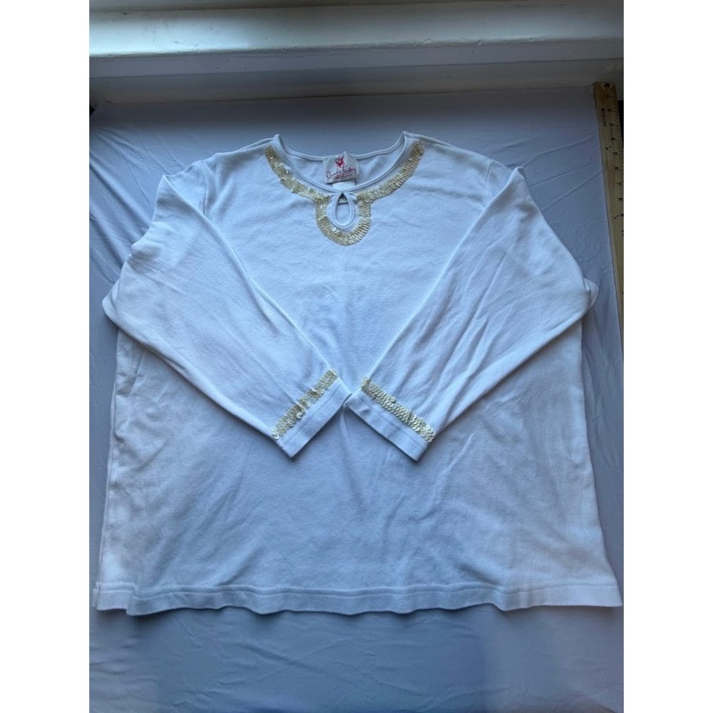 Quacker Factory Womens 2X White Sequin Keyhole Neck Long Sleeve Cotton Top